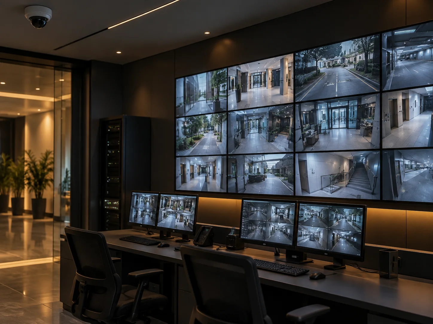Professional surveillance control room with video monitoring displays