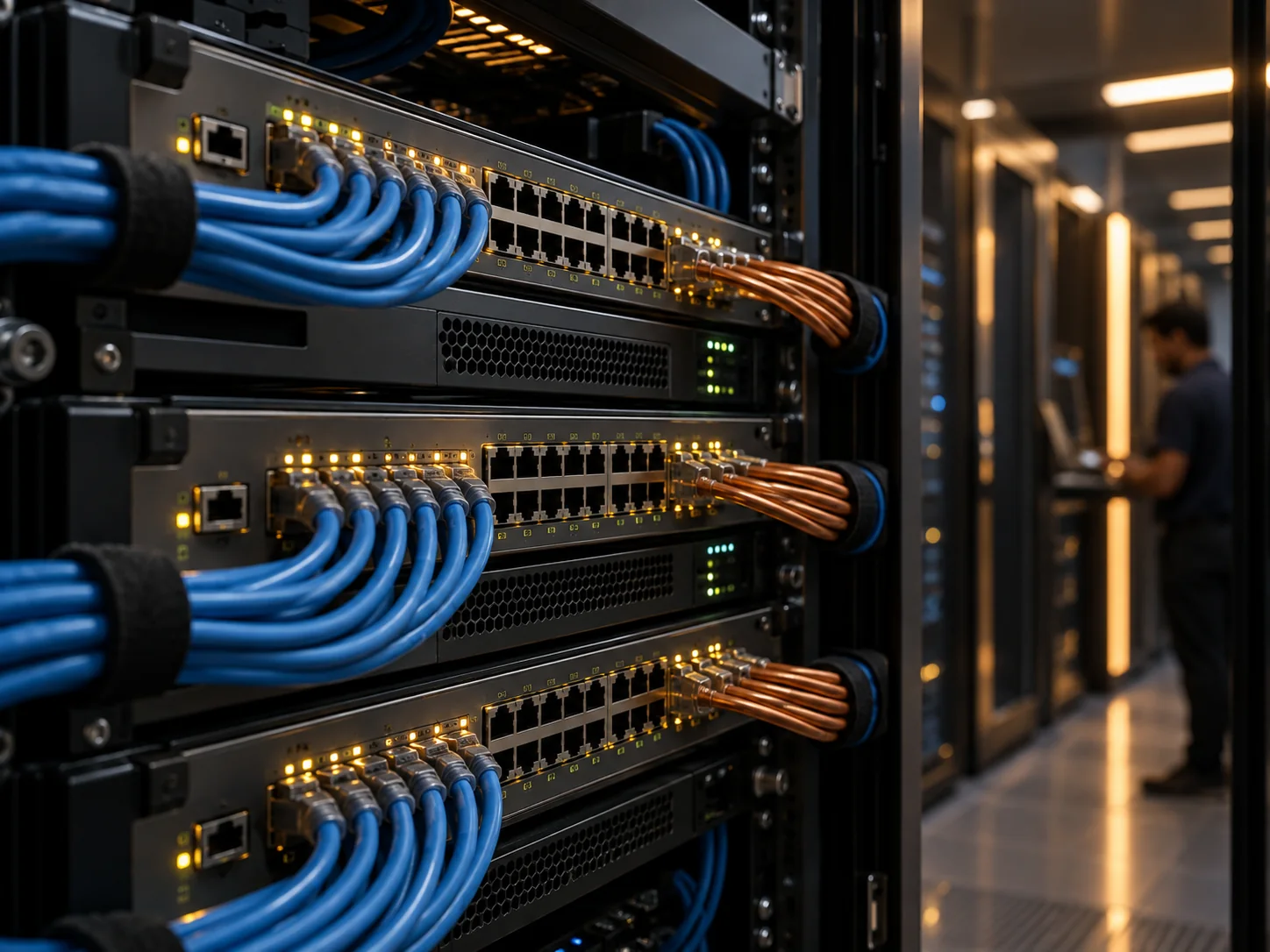 Enterprise network switches with neatly connected patch cables